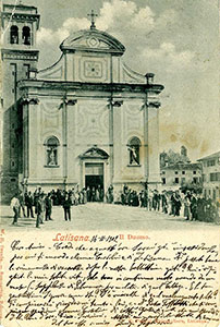 La Chiesa di S. Giovanni con il campanile ottocentesco, 1902, cartolina, Archivio Biblioteca Latisana (dono Joseffino Zanelli)