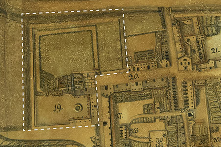 Dettaglio della Chiesa di S. Antonio di Padova e convento delle terziarie francescane nella pianta di Latisana di Antonio Banchieri del 1834