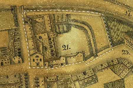 Dettaglio della Chiesa di S. Antonio Abate e del convento agostiniano nella pianta di Latisana di Antonio Banchieri del 1834