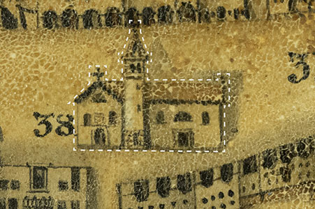 Dettaglio della Chiesa di Santa Croce e Ospedale dei Poveri nella pianta di Latisana di Antonio Banchieri del 1834