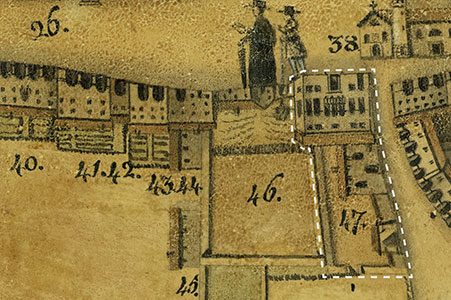 Dettaglio del palazzo di proprietà della famiglia Vendramin e poi Benzon nella pianta di Latisana di Antonio Banchieri del 1834