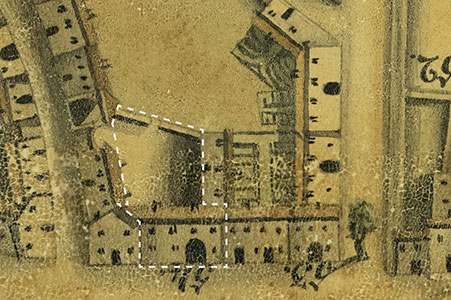 Dettaglio dell'abitazione in cui risiedevano gli Ebrei nella pianta di Latisana di Antonio Banchieri del 1834