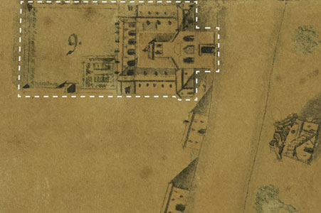 Dettaglio della Chiesa di Santa Maria della Sabbionera e attiguo convento nella pianta di Latisana di Antonio Banchieri del 1834