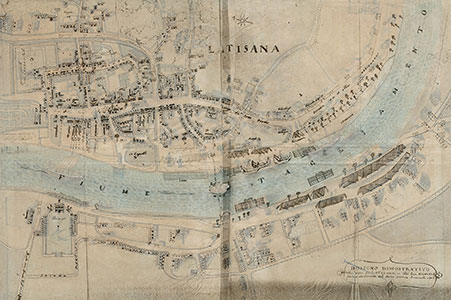 Sovrapposizione tra il disegno di Antonio Antonelli del 1746 e la pianta di Antonio Banchieri del 1834