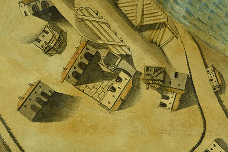 Edifici agricoli e case con tetto in paglia, dettaglio della pianta di Latisana di Antonio Banchieri del 1834