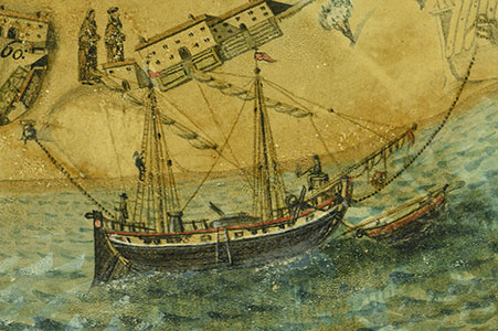 Personaggi di foggia orientale e marinai, dettaglio della pianta di Latisana di Antonio Banchieri del 1834